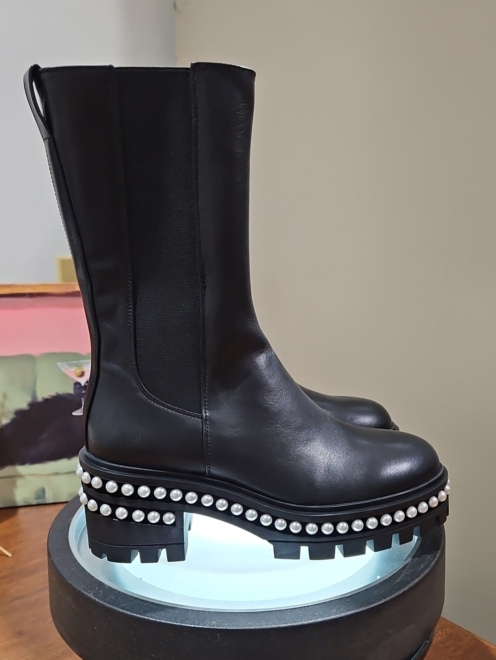 Stuart Weitzman Black Pearl-Trim Chelsea Booties
